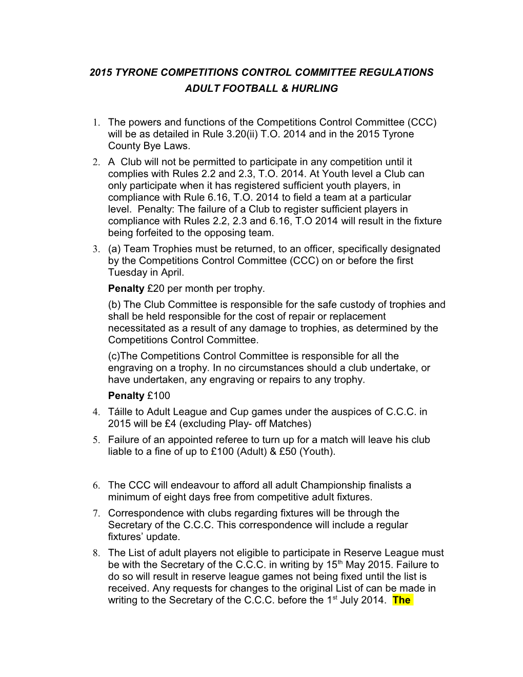 2013 Tyrone Competitions Control Committee Regulations