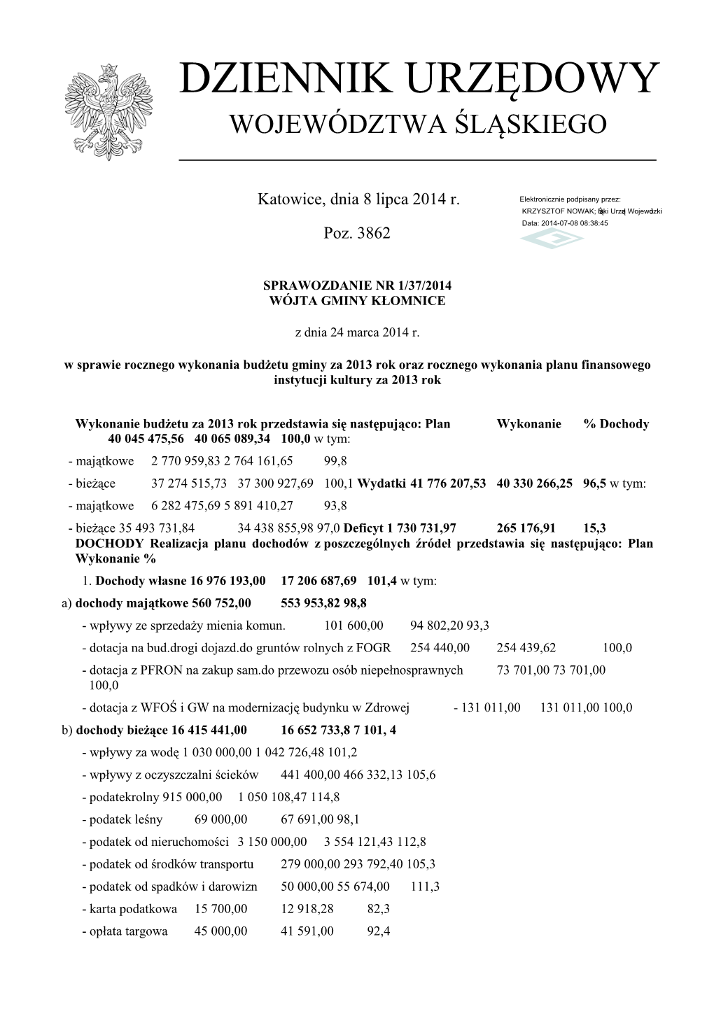 Sprawozdanie Nr 1/37/2014 Z Dnia 24 Marca 2014 R