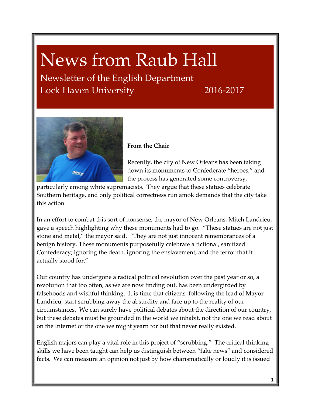 News from Raub Hall Newsletter of the English Department Lock Haven University 2016-2017
