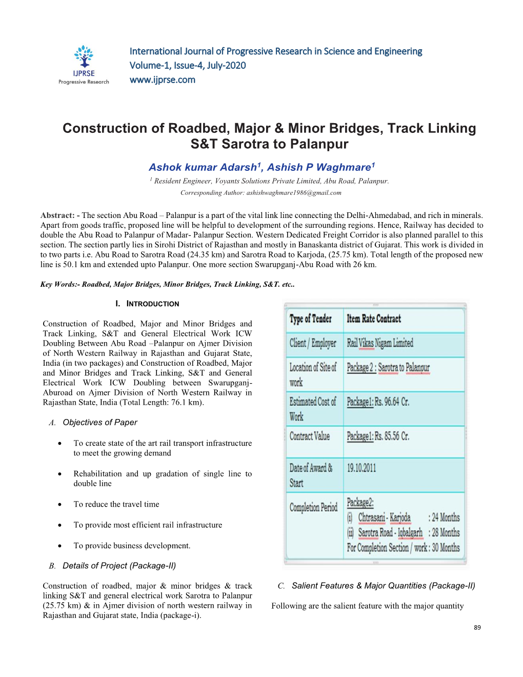 Construction of Roadbed, Major & Minor Bridges, Track Linking S&T