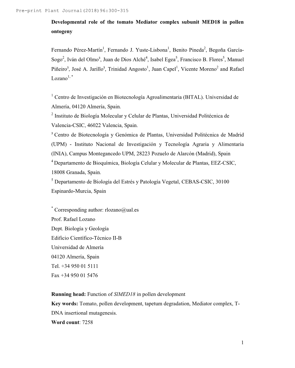 1 Developmental Role of the Tomato Mediator Complex Subunit MED18