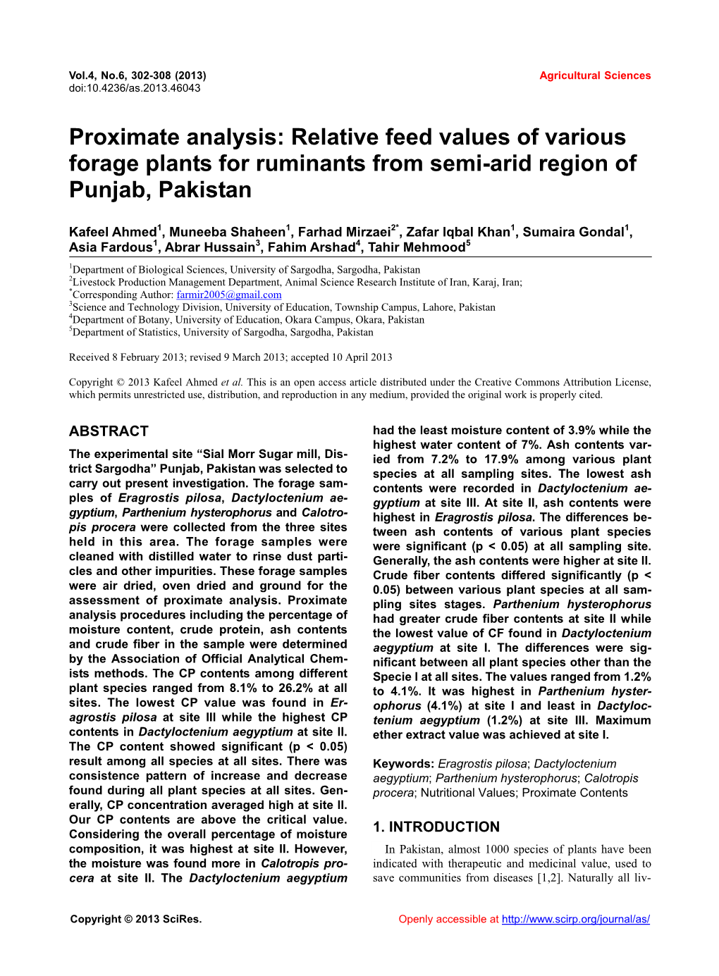 Proximate Analysis: Relative Feed Values of Various Forage Plants for Ruminants from Semi-Arid Region of Punjab, Pakistan