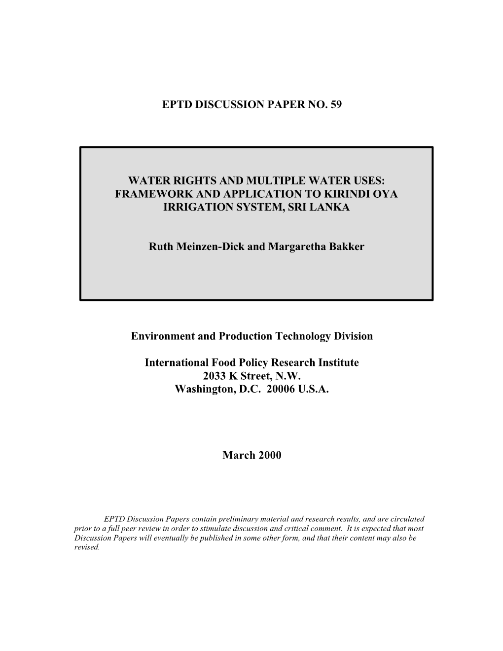 Framework and Application to Kirindi Oya Irrigation System, Sri Lanka