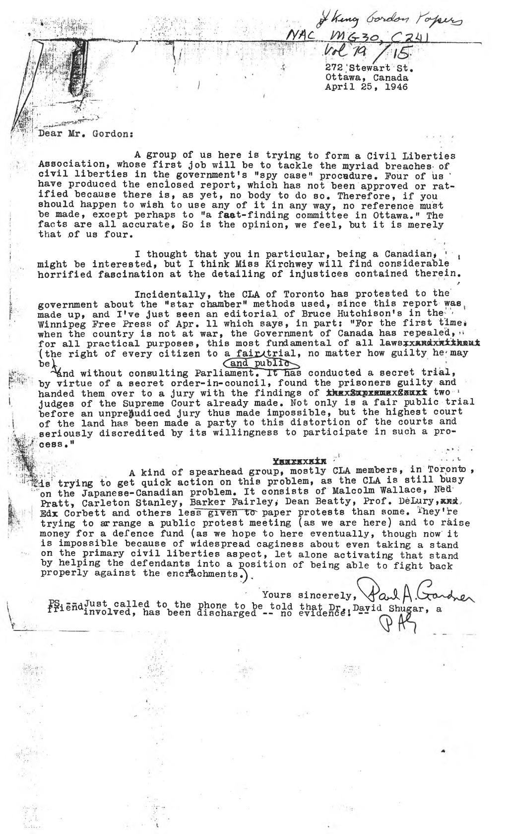 25 April 1946, Civil Liberties Association of Toronto Report on the Espionage Commission