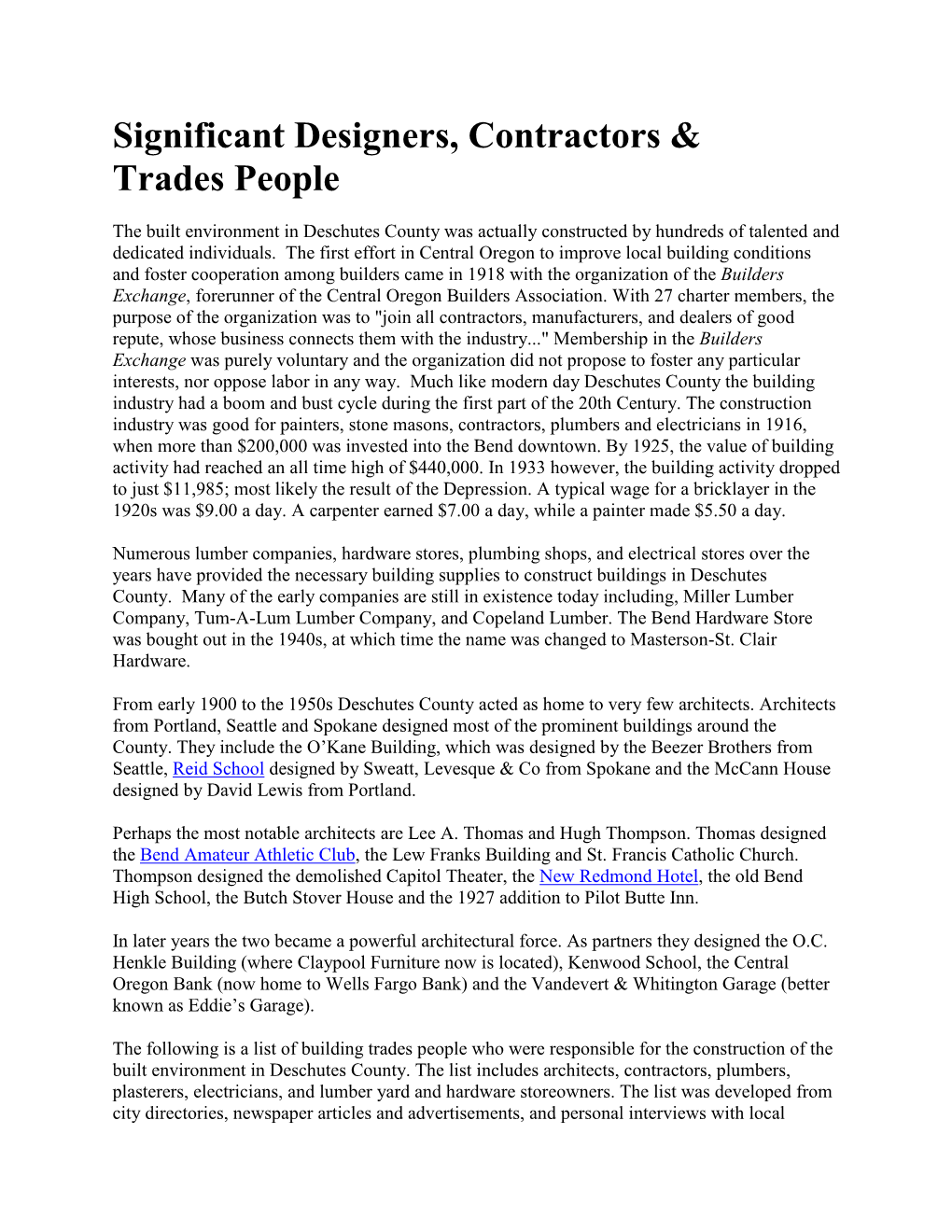 Significant Architects Contractors and Trades People