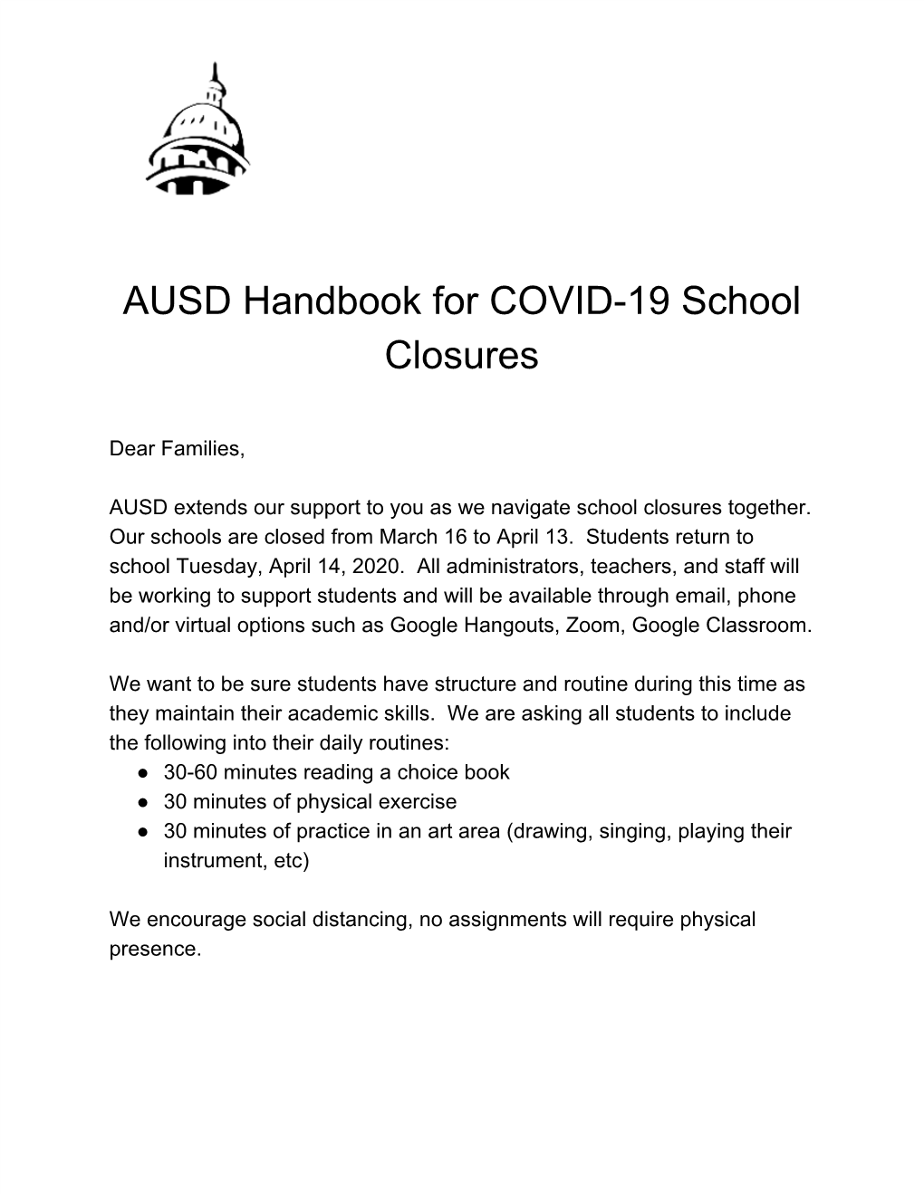 AUSD Handbook for COVID-19 School Closures