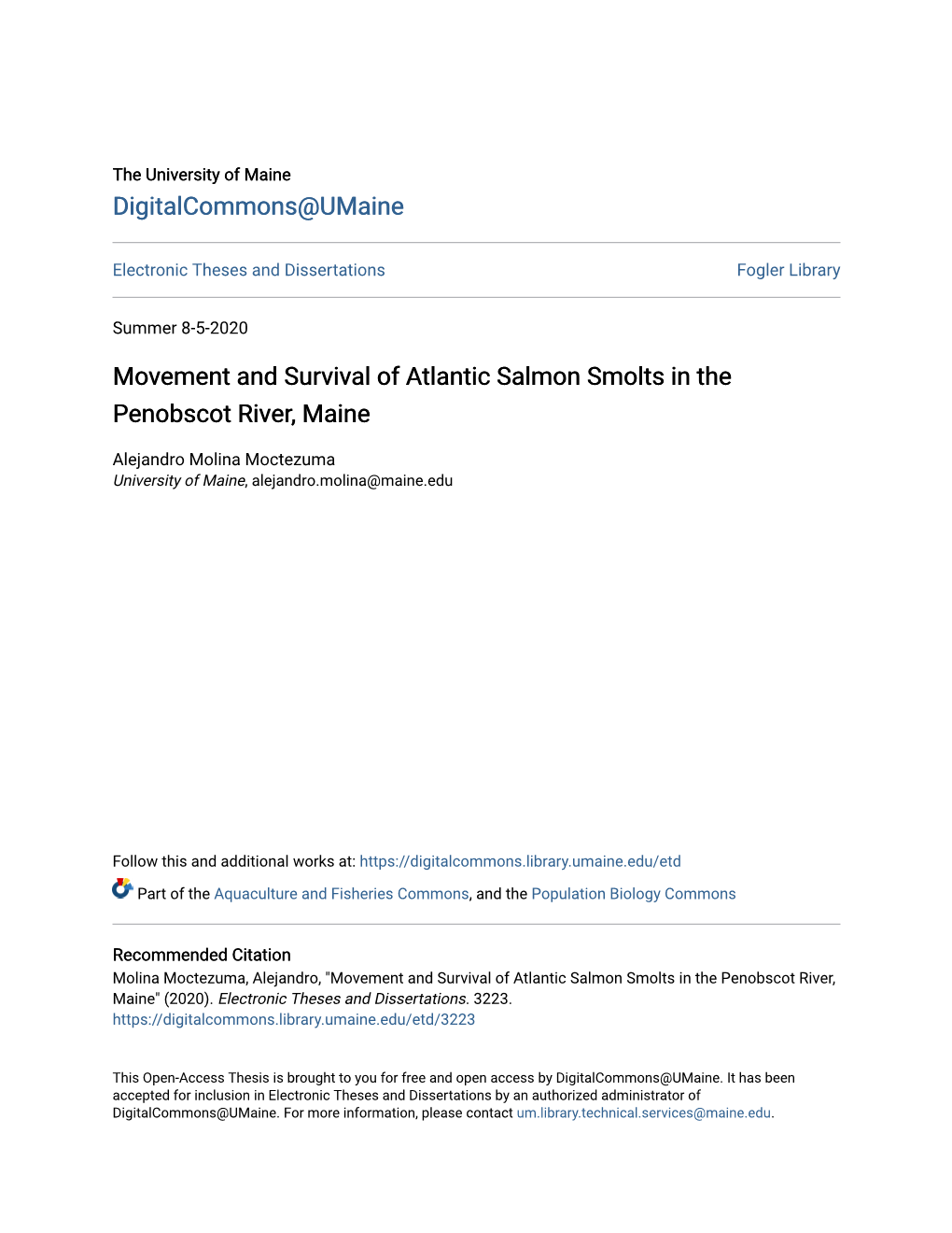 Movement and Survival of Atlantic Salmon Smolts in the Penobscot River, Maine