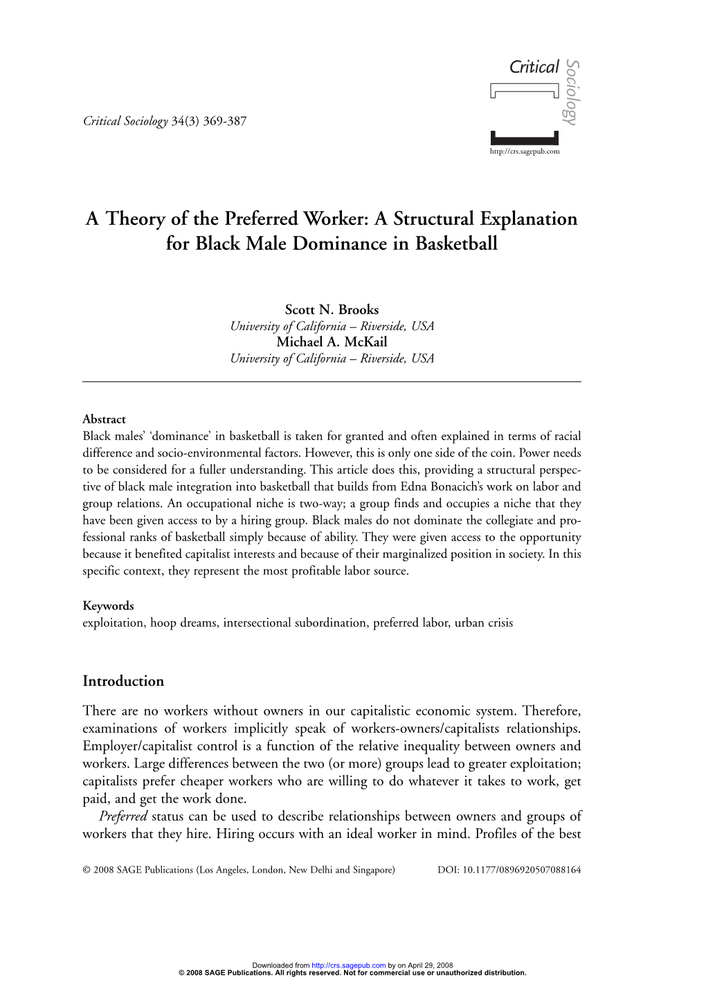 A Theory of the Preferred Worker: a Structural Explanation for Black Male Dominance in Basketball