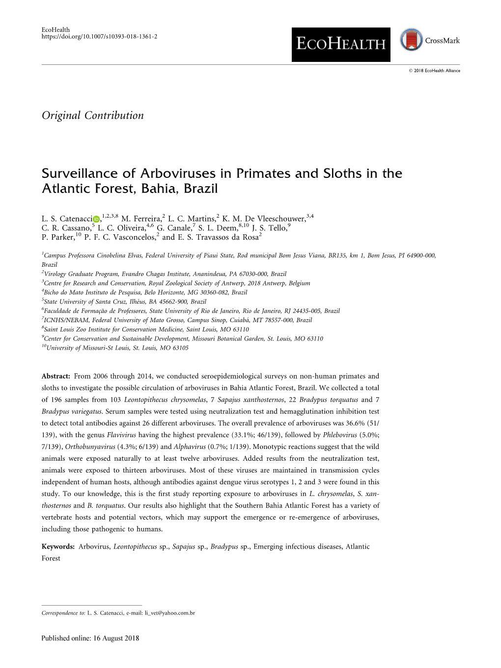 Surveillance of Arboviruses in Primates and Sloths in the Atlantic Forest, Bahia, Brazil