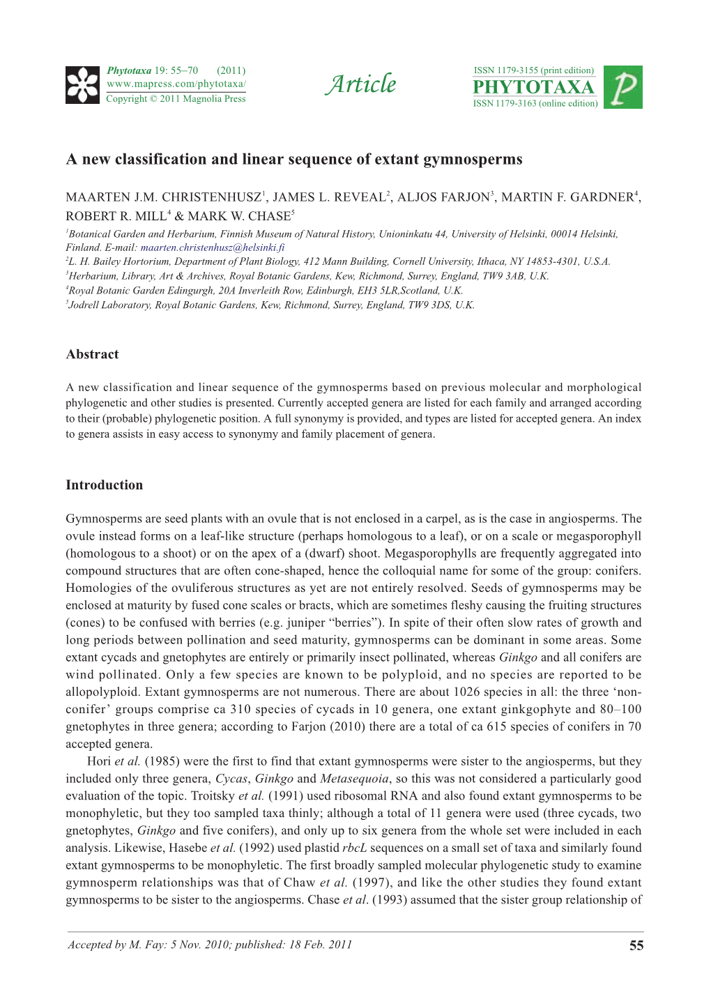 A New Classification and Linear Sequence of Extant Gymnosperms