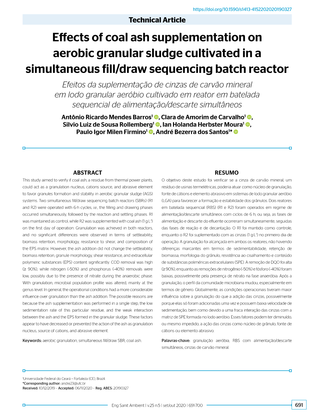 Effects of Coal Ash Supplementation on Aerobic Granular Sludge Cultivated