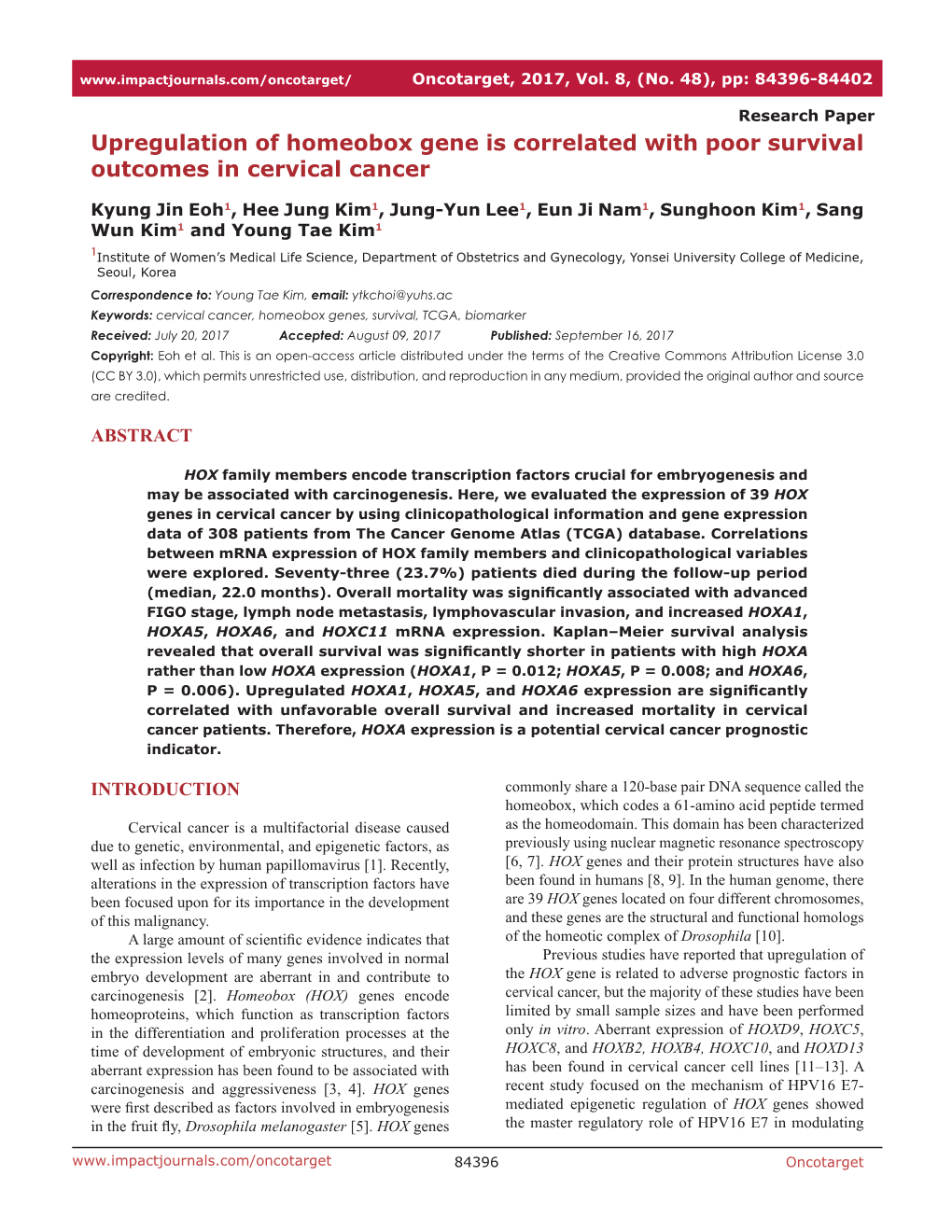 Upregulation of Homeobox Gene Is Correlated with Poor Survival Outcomes in Cervical Cancer