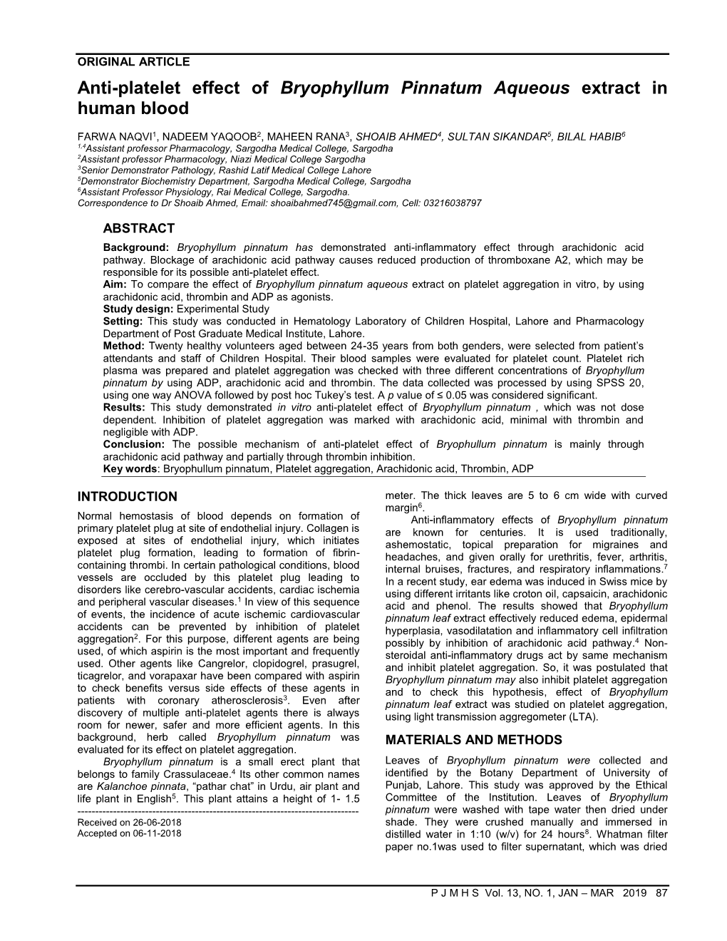 Anti-Platelet Effect of Bryophyllum Pinnatum Aqueous Extract in Human Blood