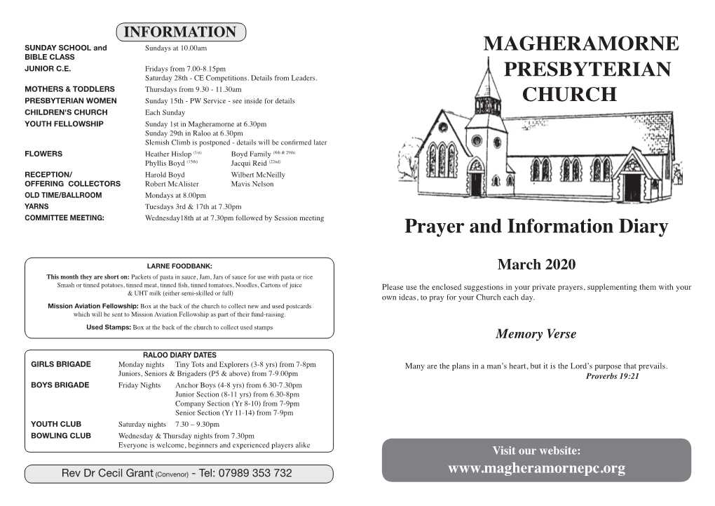 PRESBYTERIAN MAGHERAMORNE CHURCH Prayer and Information Diary