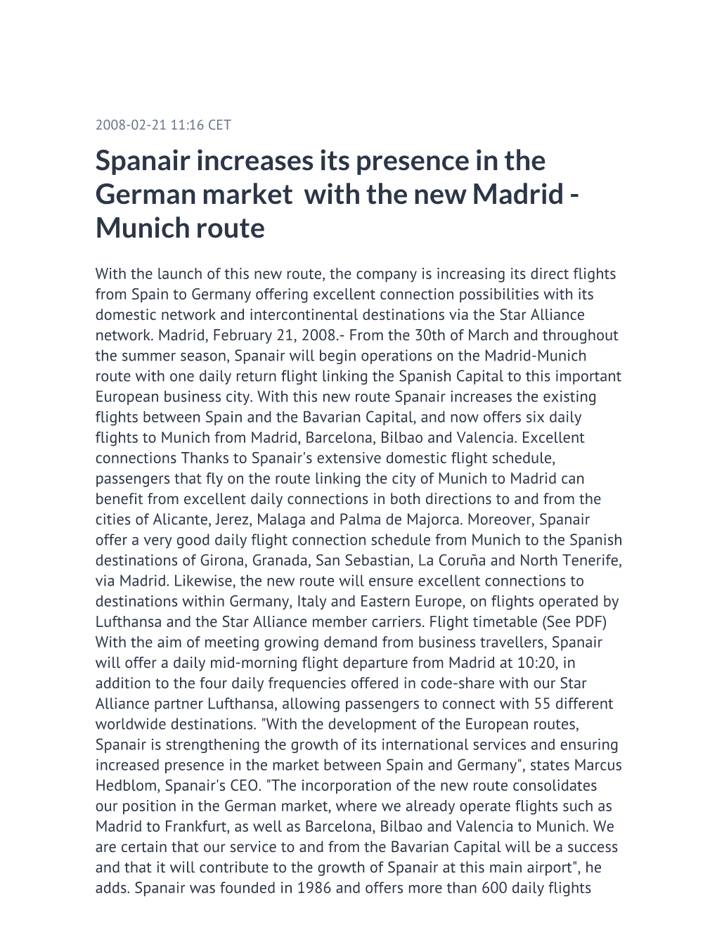 Spanair Increases Its Presence in the German Market with the New Madrid - Munich Route