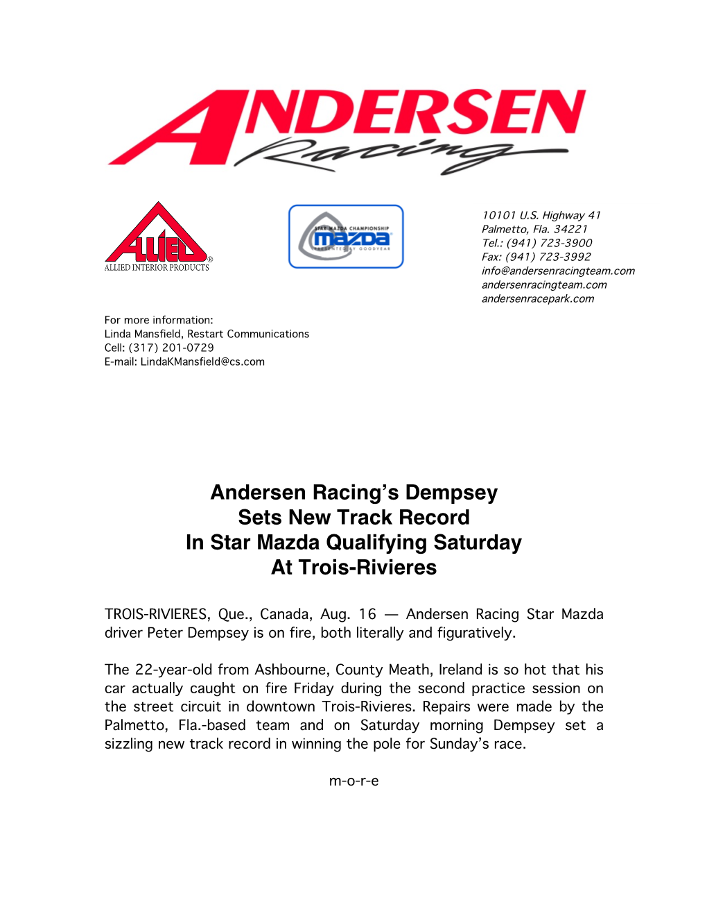 Andersen Racing's Dempsey Sets New Track Record in Star Mazda