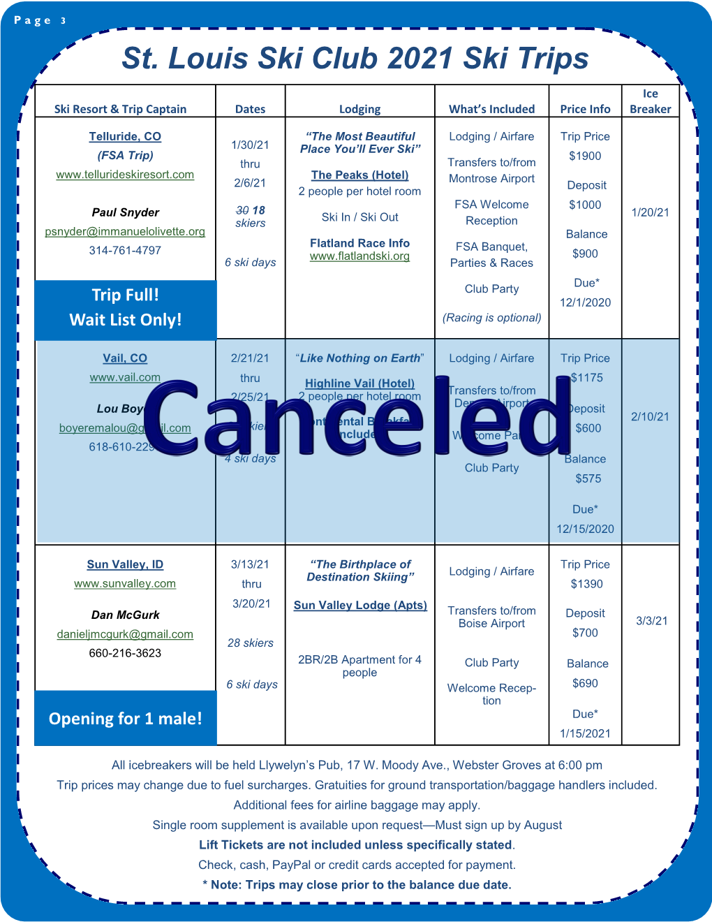 St. Louis Ski Club 2021 Ski Trips Ice Ski Resort & Trip Captain Dates Lodging What’S Included Price Info Breaker