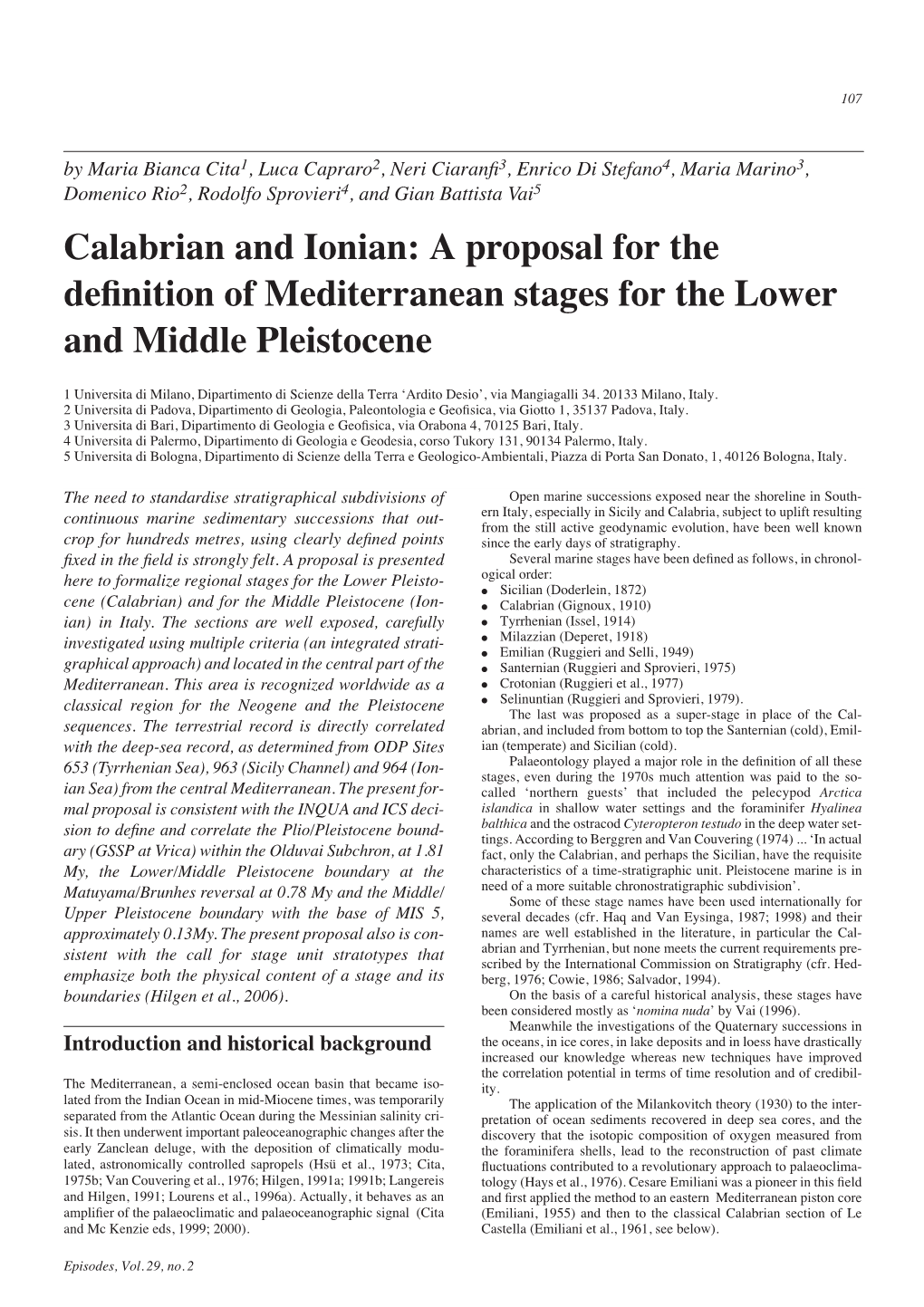 Calabrian and Ionian: a Proposal for the Definition of Mediterranean Stages for the Lower and Middle Pleistocene