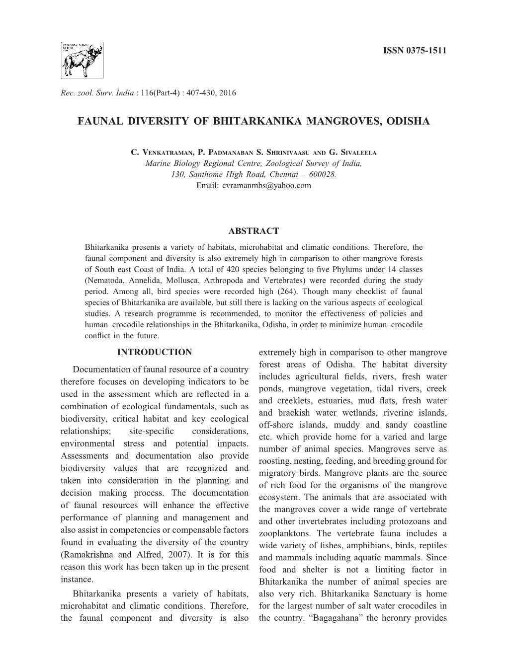 Faunal Diversity of Bhitarkanika Mangroves, Odisha 407 ISSN 0375-1511