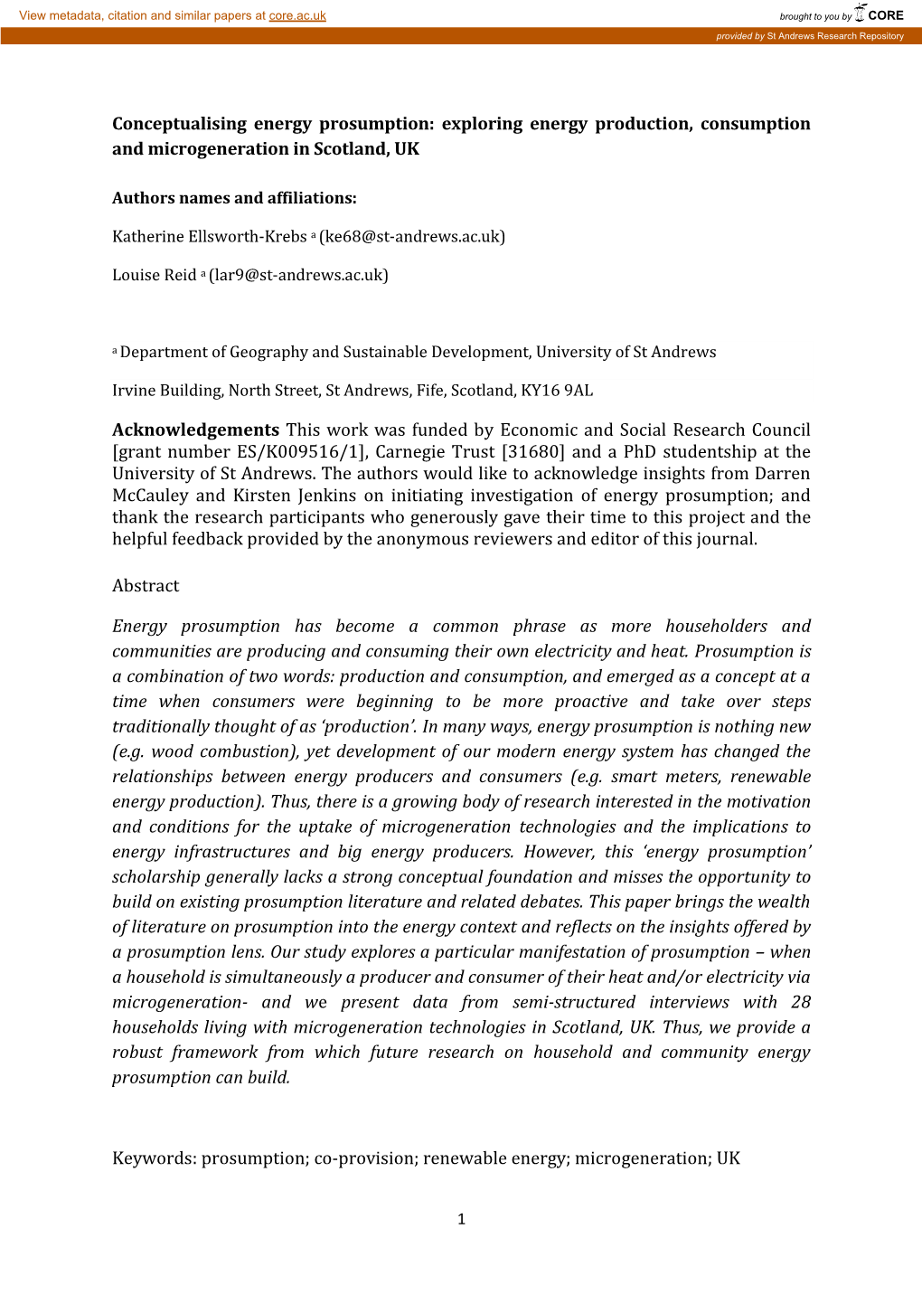 Conceptualising Energy Prosumption: Exploring Energy Production, Consumption and Microgeneration in Scotland, UK Acknowledgement