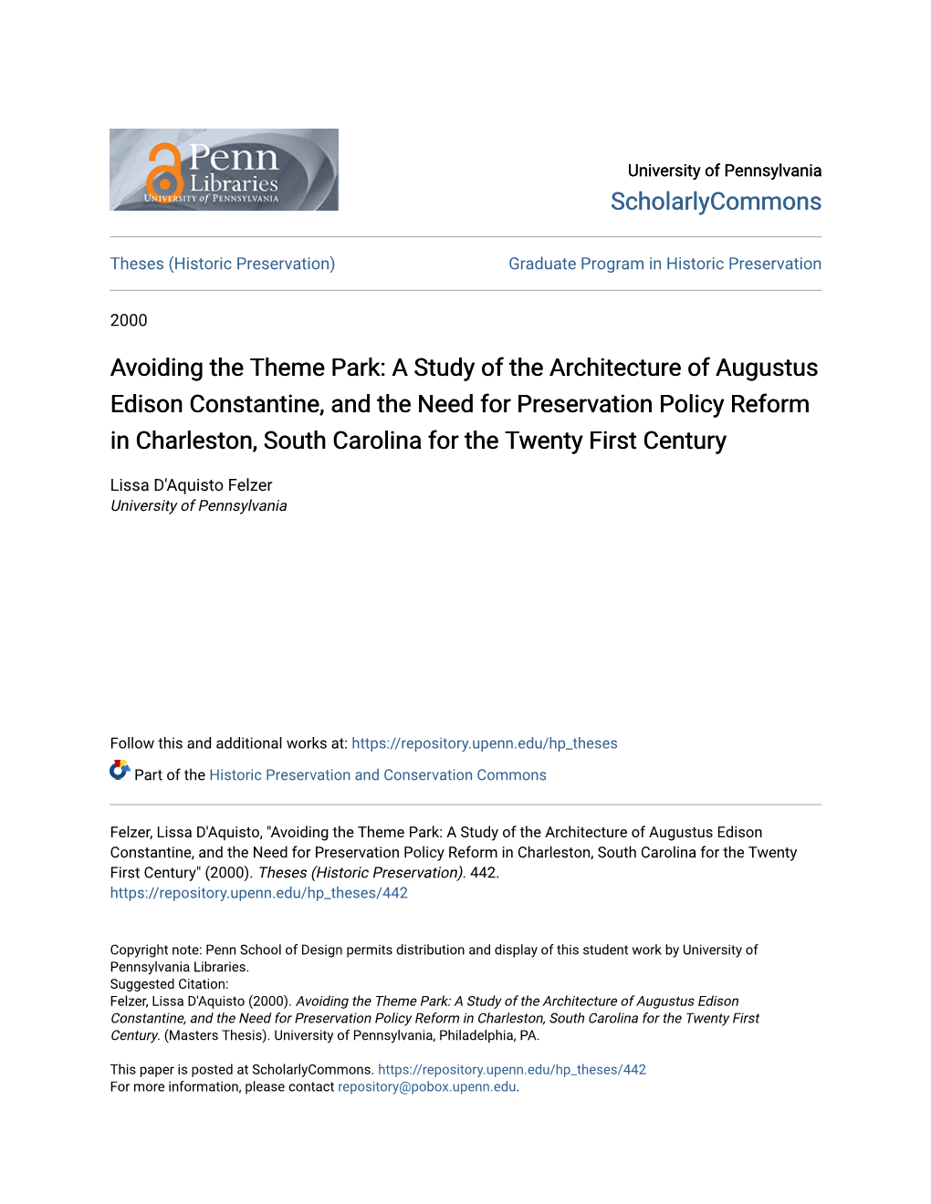 A Study of the Architecture of Augustus Edison Constantine, and the Need for Preservation Policy Reform in Charleston, South Carolina for the Twenty First Century