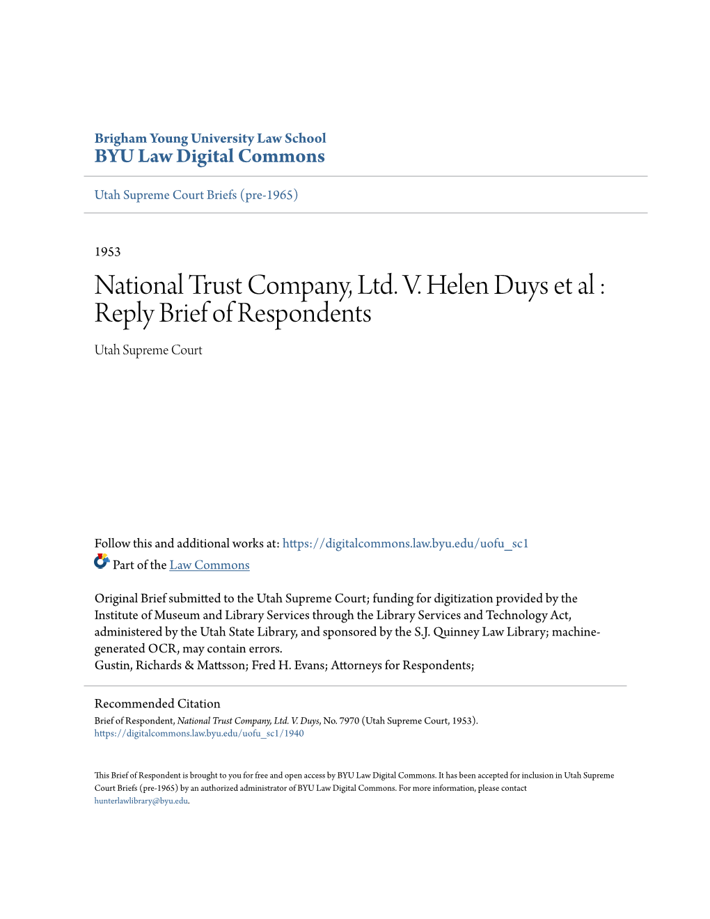 National Trust Company, Ltd. V. Helen Duys Et Al : Reply Brief of Respondents Utah Supreme Court