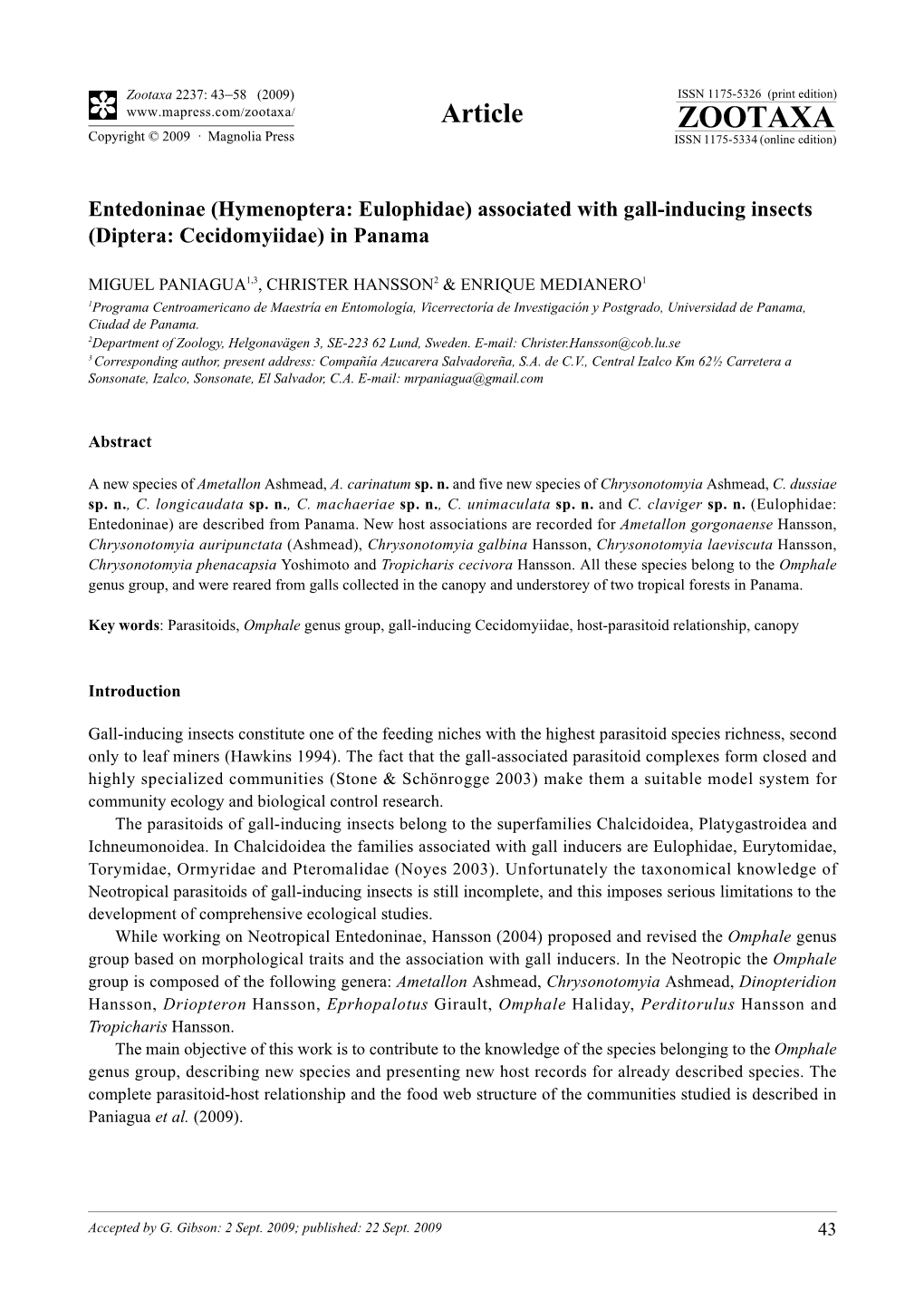 Zootaxa, Entedoninae (Hymenoptera: Eulophidae) Associated with Gall