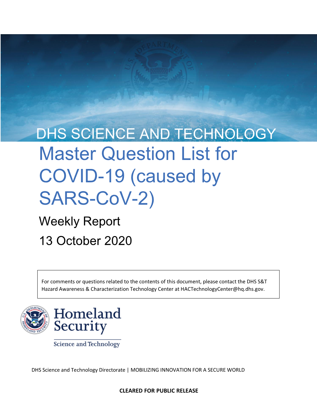 Master Question List for COVID-19 (Caused by SARS-Cov-2) Weekly Report 13 October 2020