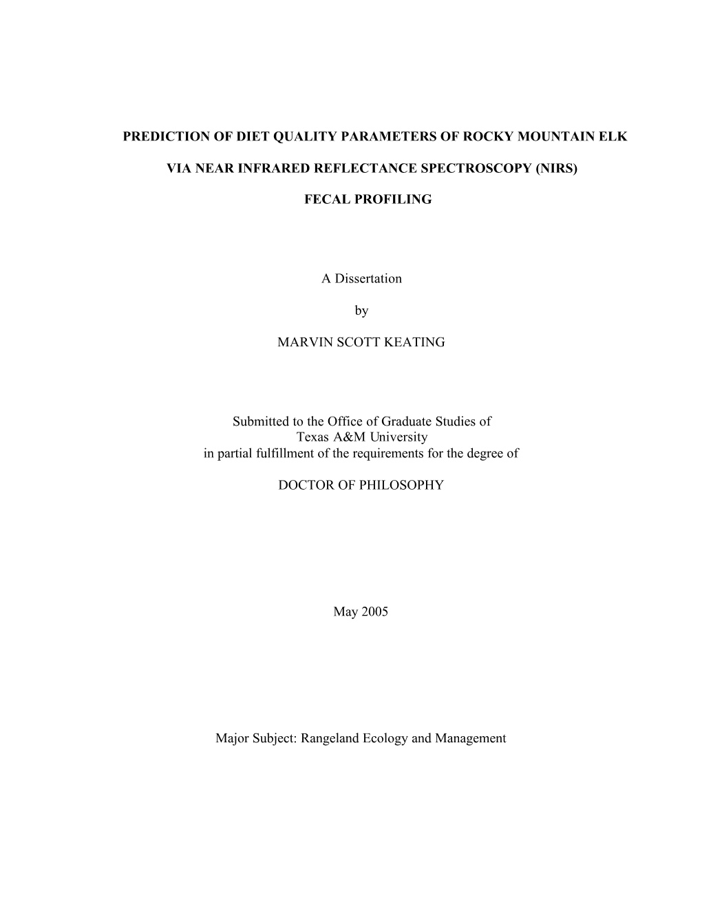 Prediction of Diet Quality Parameters of Rocky Mountain Elk