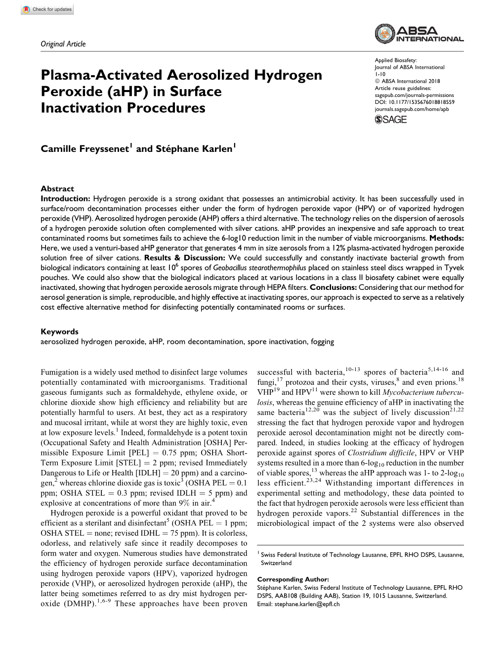 Plasma-Activated Aerosolized Hydrogen Peroxide (Ahp)