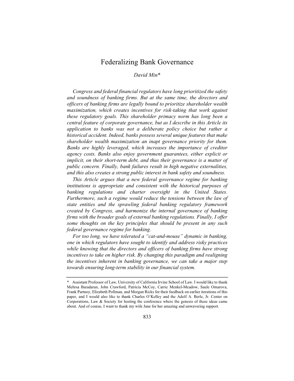 Federalizing Bank Governance