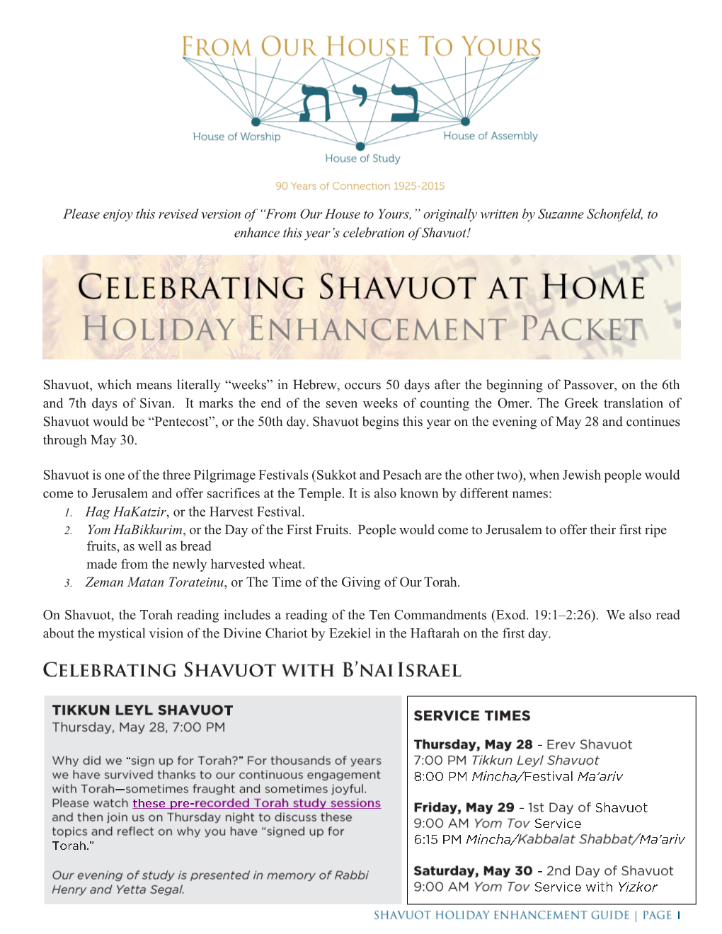 Originally Written by Suzanne Schonfeld, to Enhance This Year’S Celebration of Shavuot!