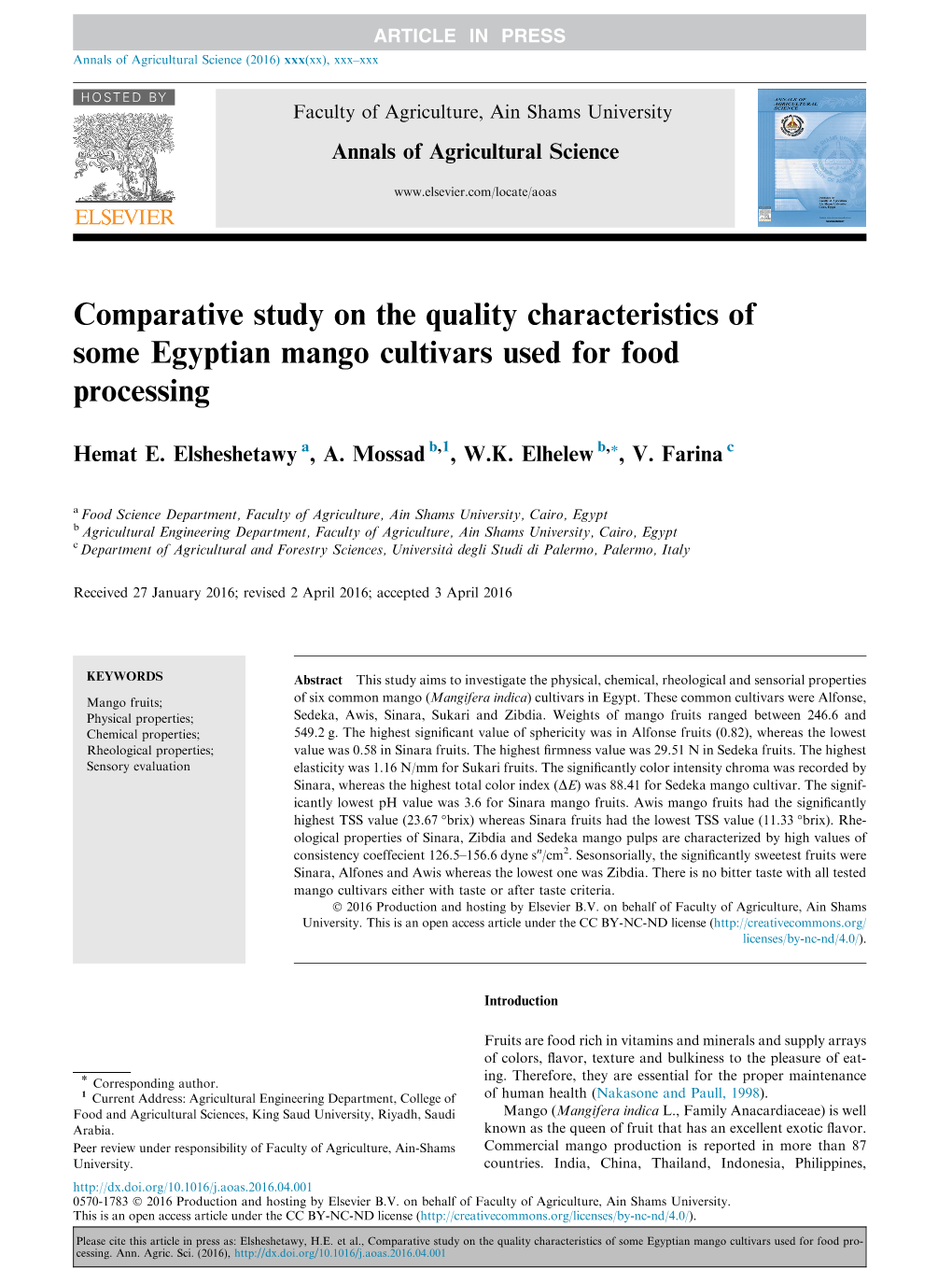 Comparative Study on the Quality Characteristics of Some Egyptian Mango Cultivars Used for Food Processing