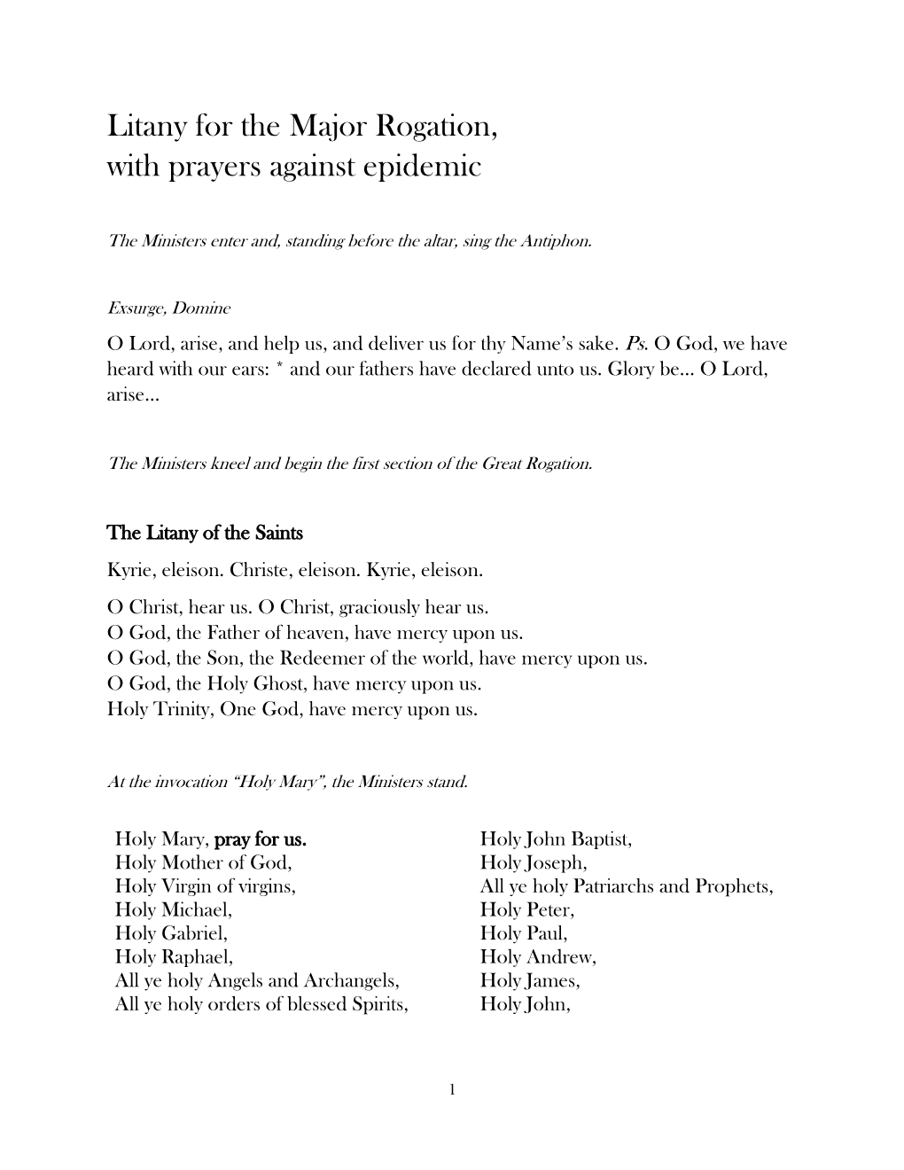 Litany for the Major Rogation, with Prayers Against Epidemic