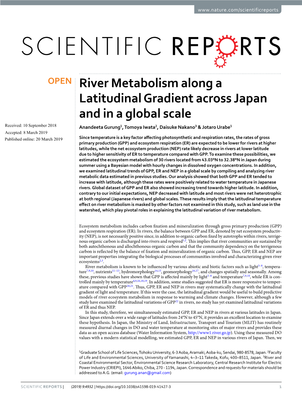 River Metabolism Along a Latitudinal Gradient Across Japan and in A