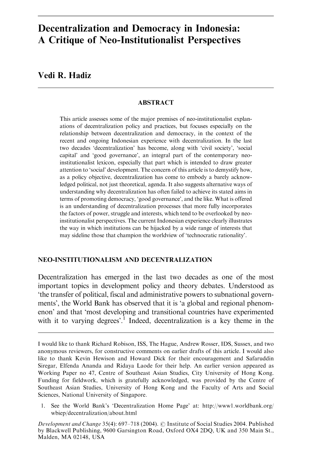 Decentralization and Democracy in Indonesia: a Critique of Neo-Institutionalist Perspectives