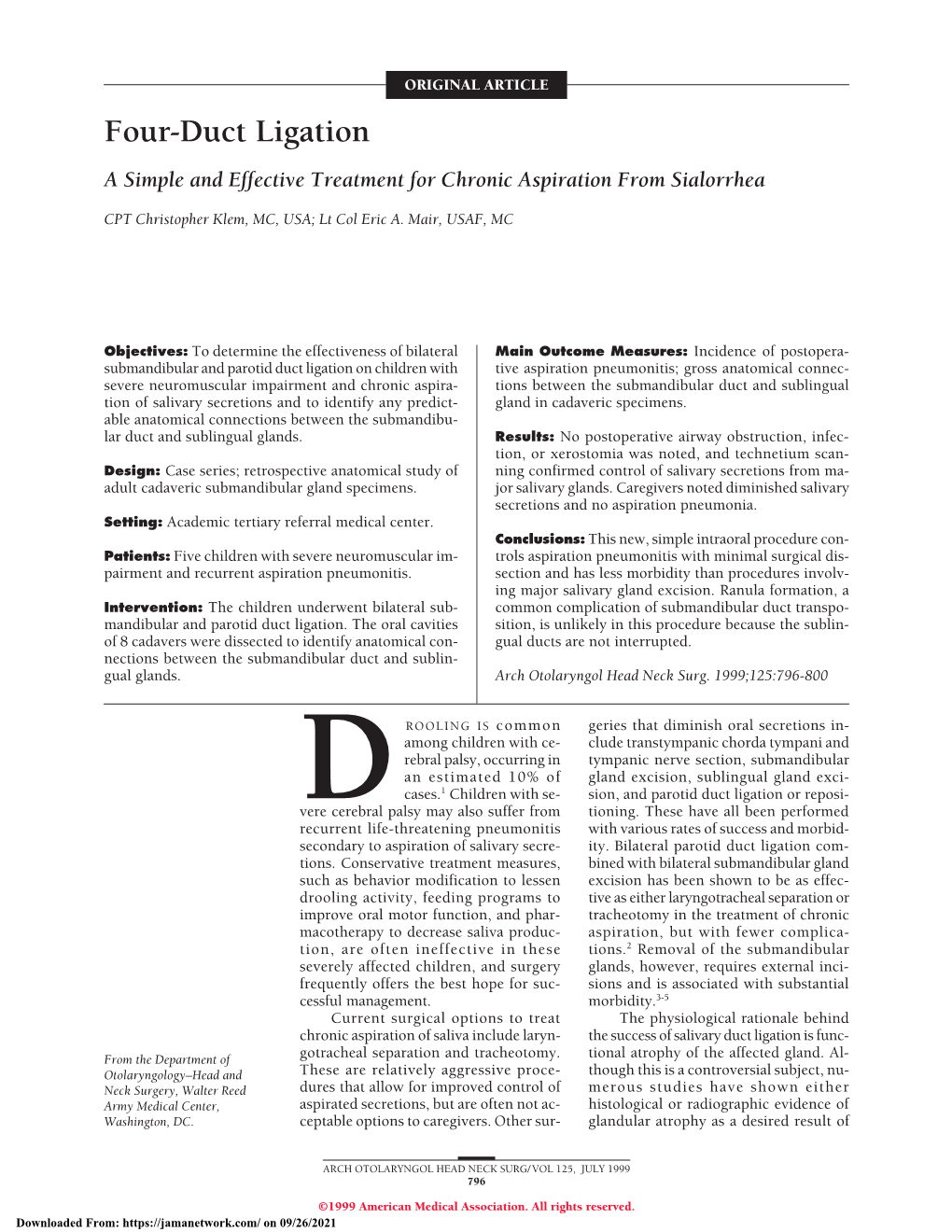 Four-Duct Ligation a Simple and Effective Treatment for Chronic Aspiration from Sialorrhea