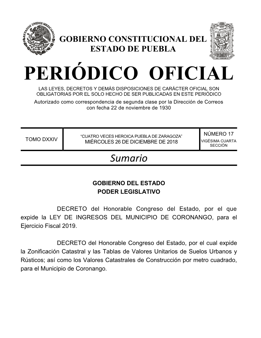 LEY DE INGRESOS DEL MUNICIPIO DE CORONANGO, Para El Ejercicio Fiscal 2019