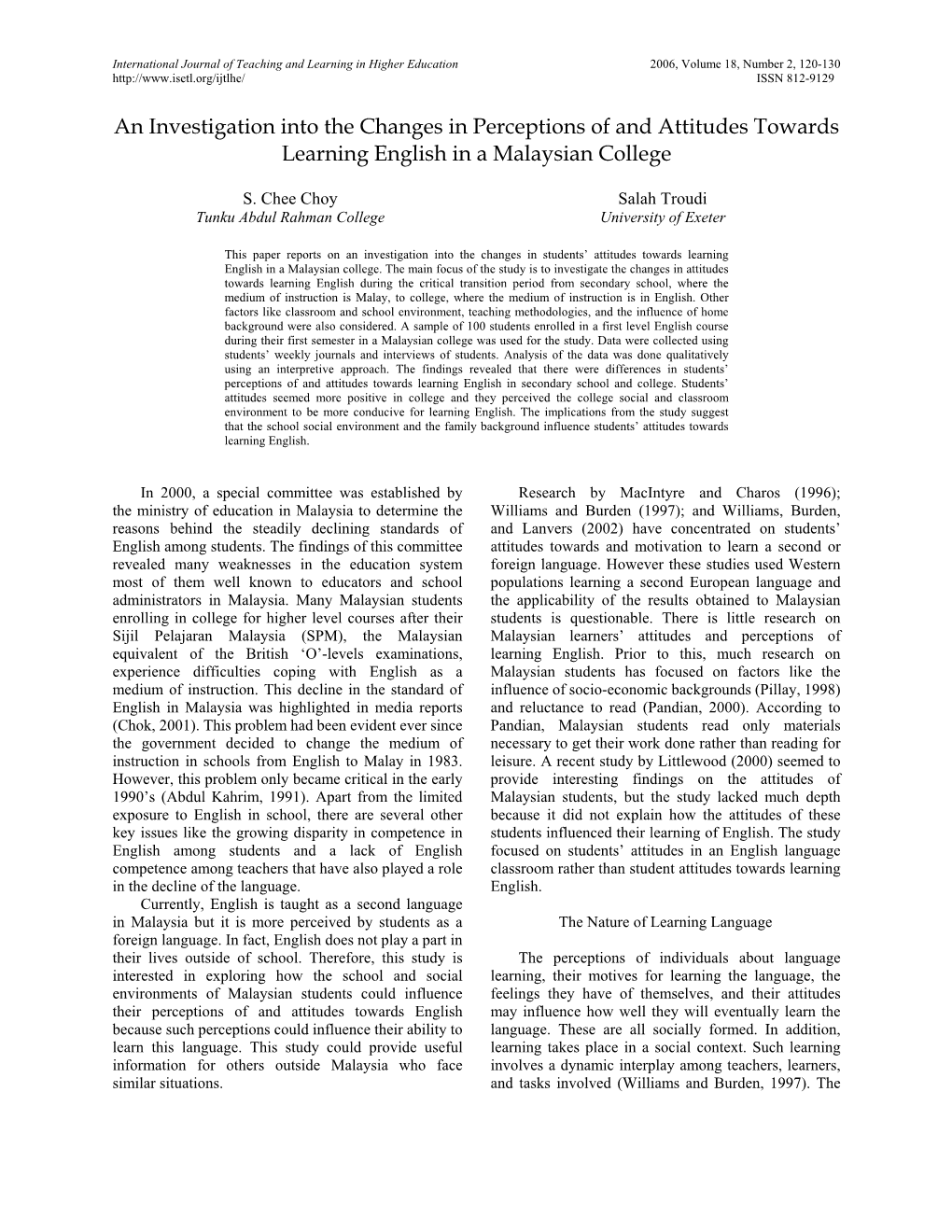 An Investigation Into the Changes in Perceptions of and Attitudes Towards Learning English in a Malaysian College