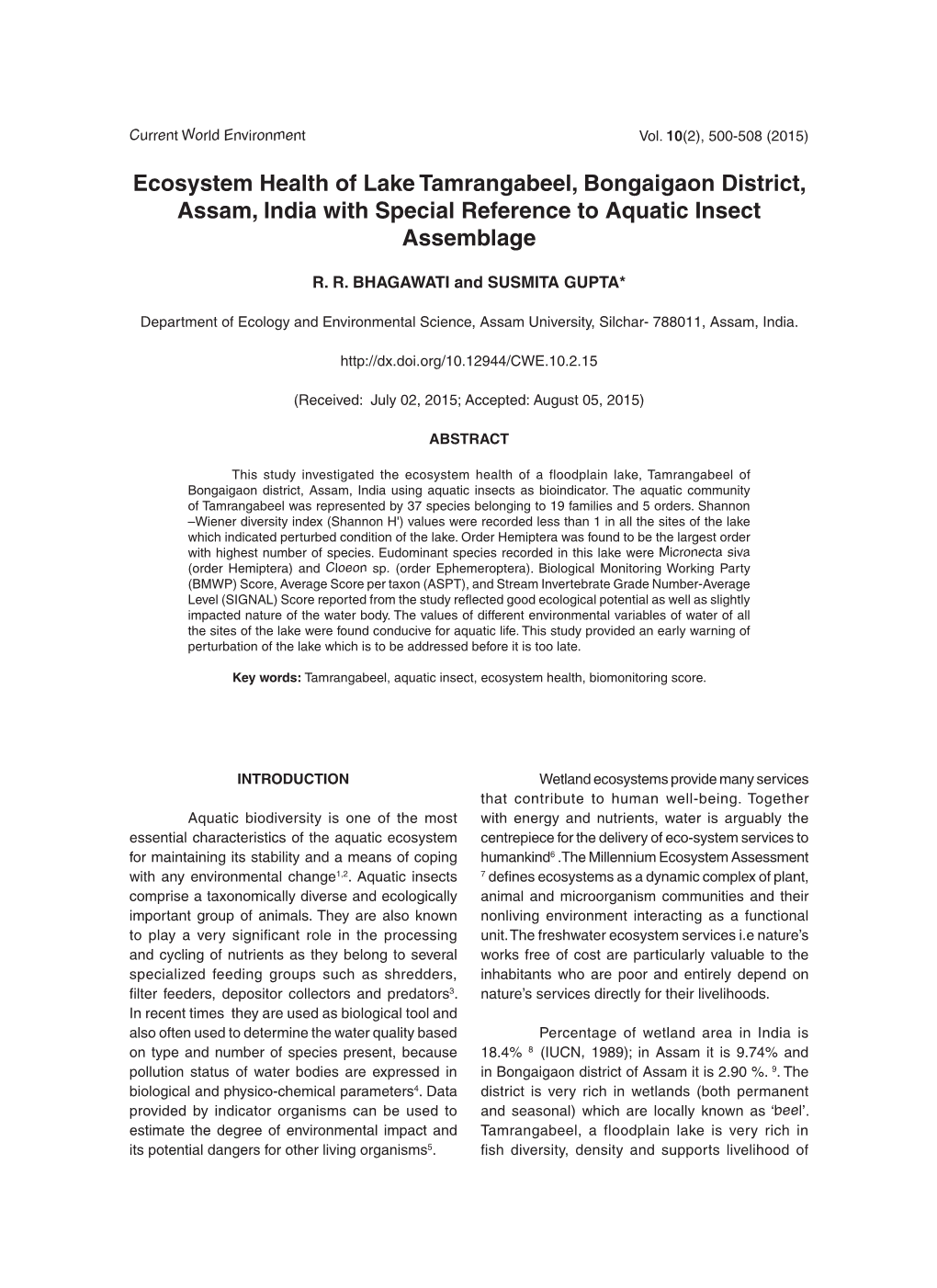 Ecosystem Health of Lake Tamrangabeel, Bongaigaon District, Assam, India with Special Reference to Aquatic Insect Assemblage