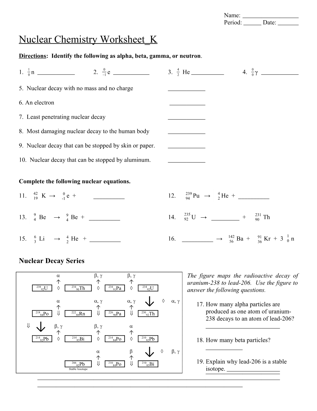 Nuclear Chemistry Worksheet