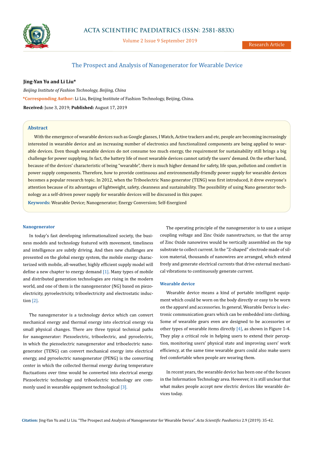 The Prospect and Analysis of Nanogenerator for Wearable Device