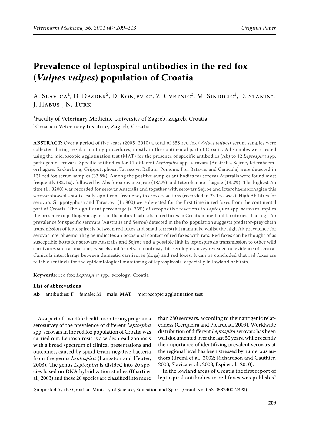 Prevalence of Leptospiral Antibodies in the Red Fox (Vulpes Vulpes) Population of Croatia