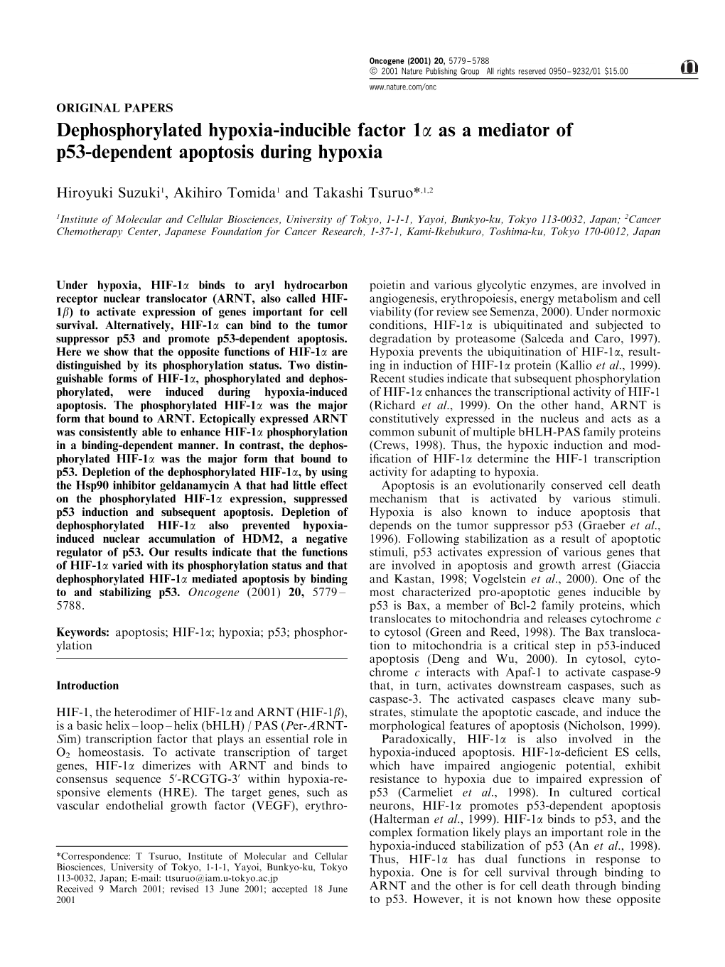 Dephosphorylated Hypoxia-Inducible Factor 1A As a Mediator of P53-Dependent Apoptosis During Hypoxia