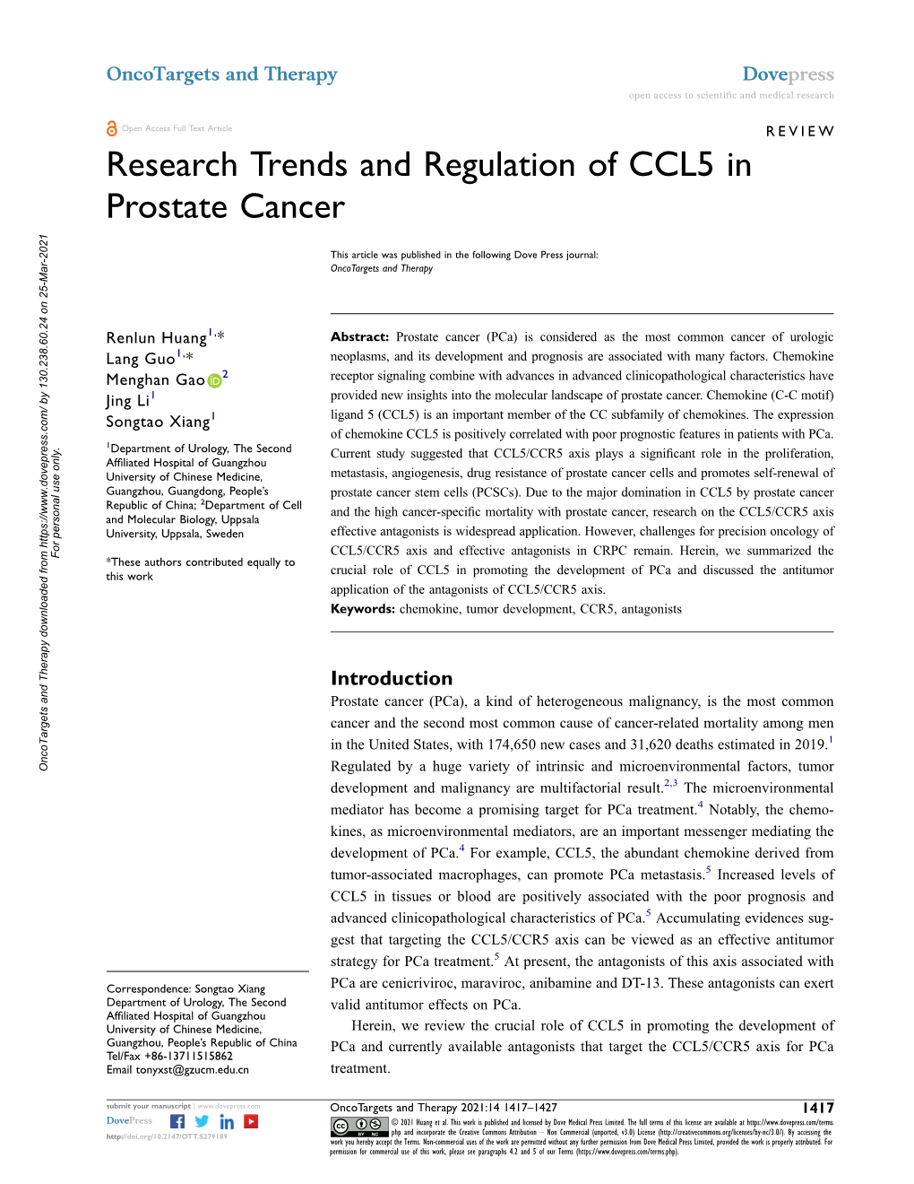 Research Trends and Regulation of CCL5 in Prostate Cancer