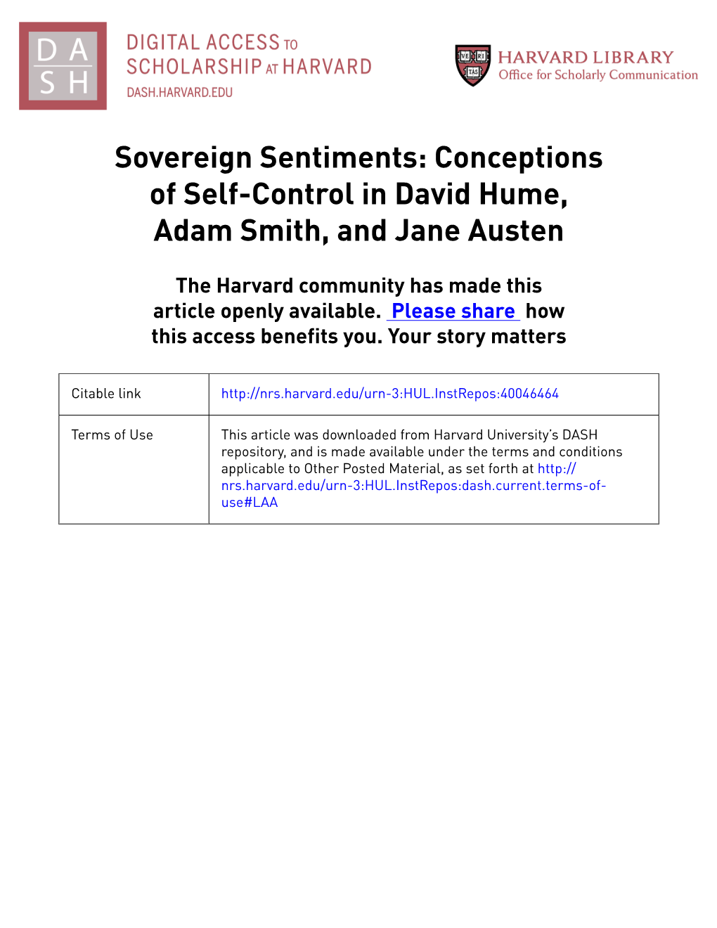 Sovereign Sentiments: Conceptions of Self-Control in David Hume, Adam Smith, and Jane Austen