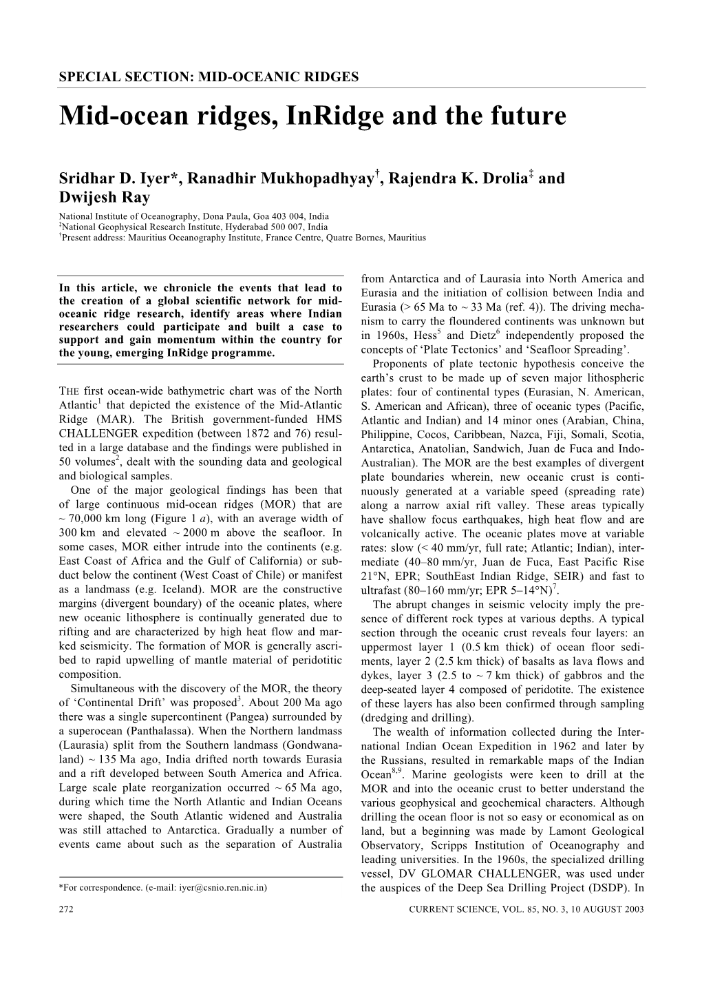 Mid-Ocean Ridges, Inridge and the Future