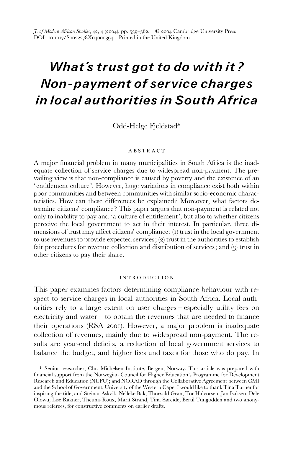 Non-Payment of Service Charges in Local Authorities in South Africa