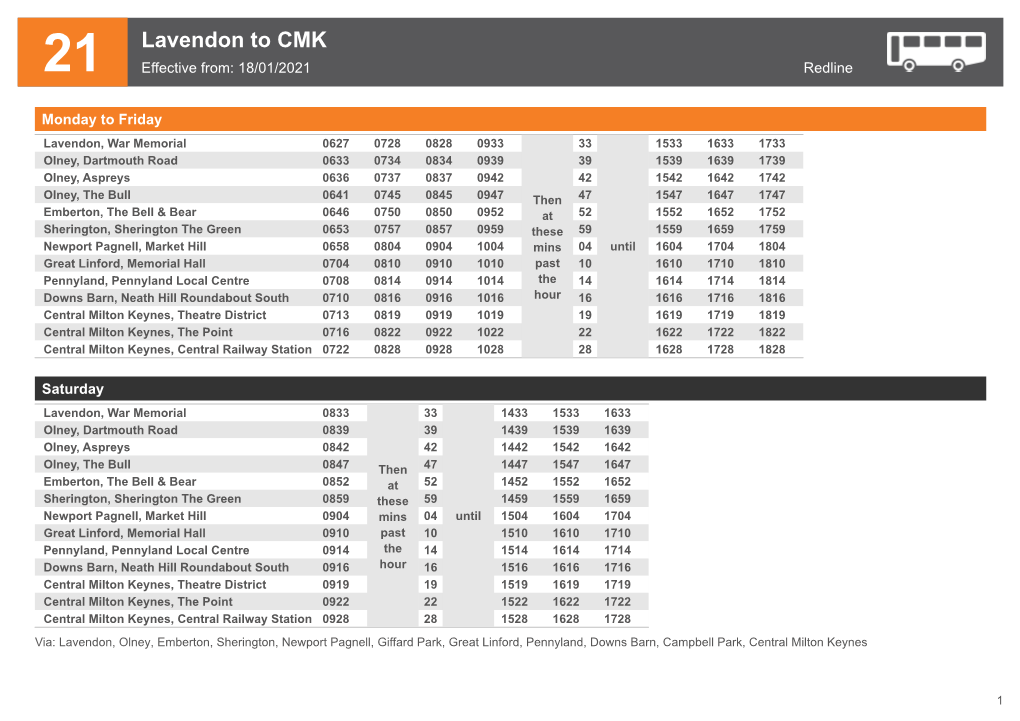 Lavendon to CMK 21 Effective From: 18/01/2021 Redline