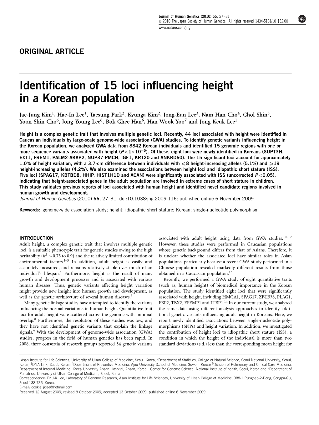 Identification of 15 Loci Influencing Height in a Korean Population